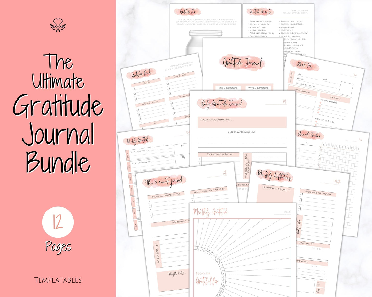 Gratitude Journal Printable BUNDLE! Mindfulness Log, Gratitude Template, Self Care Planner, Daily Journal for Women, Gratitude Jar, Wellness | Pink Watercolor