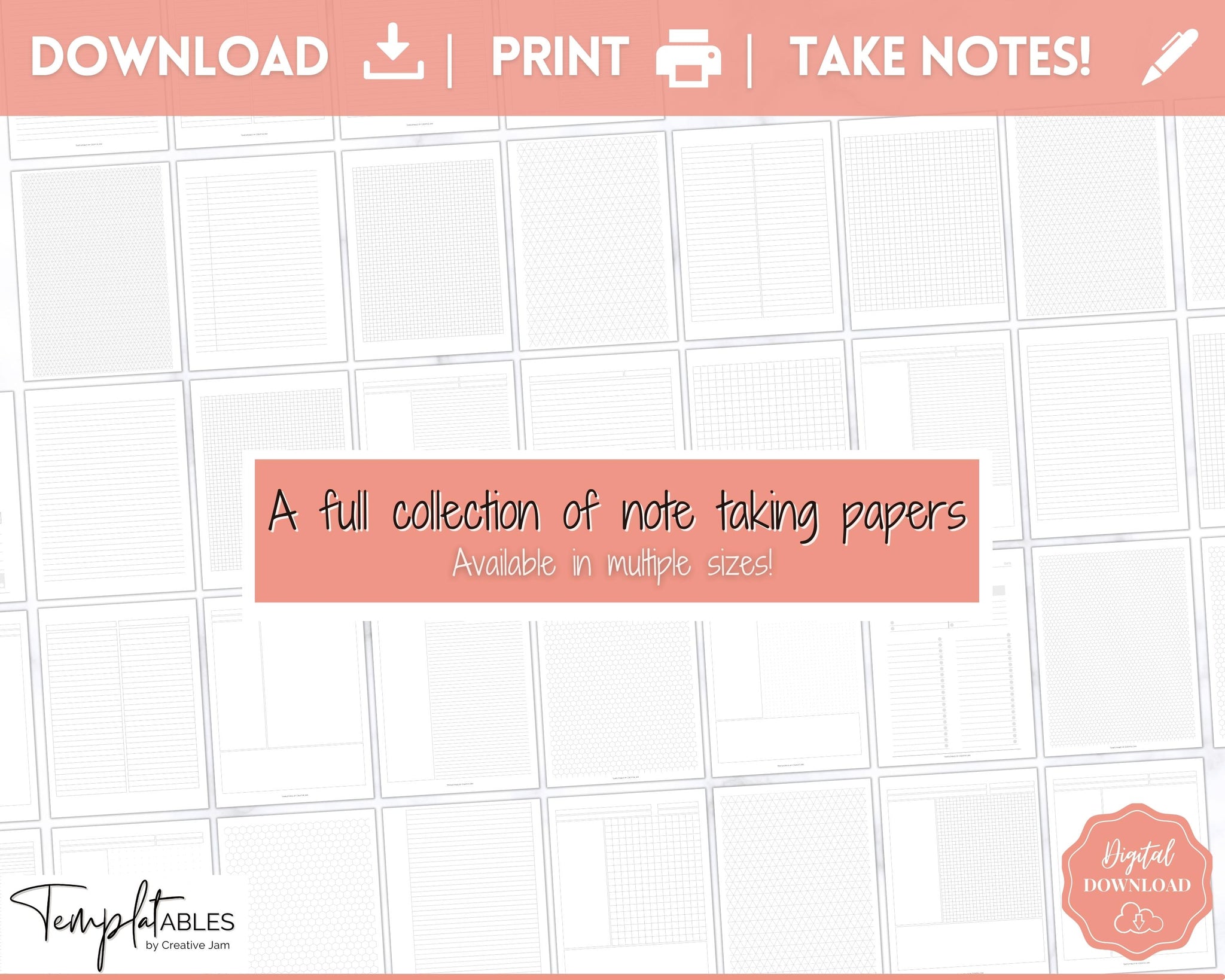 Grid, Line, Dot Paper Printable Template Bundle for Notetaking