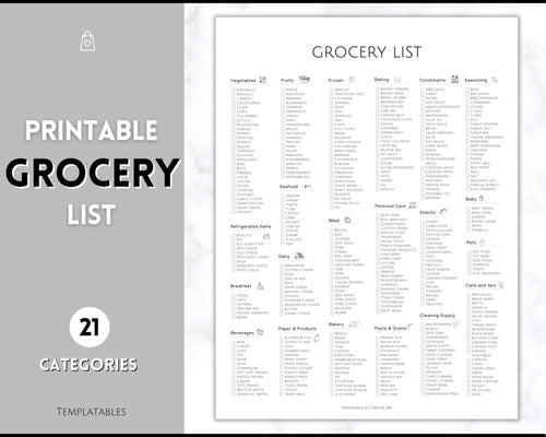 Grocery List, Master Grocery List Printable, Weekly Shopping List, Meal Planner Checklist, Grocery PDF, Kitchen Organization Template | Mono