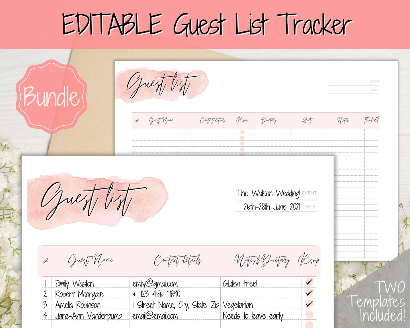 Guest List Template, Editable Guest List Tracker with RSVP, Party, Events, Birthday & Wedding Guest List, Wedding Planner Printable, Gifts | Style 3