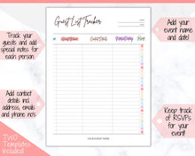 Load image into Gallery viewer, Guest List Tracker, Editable Guest List Template with RSVP, Party, Events, Birthday &amp; Wedding Guest List, Wedding Planner Printable, Gifts | Style 2
