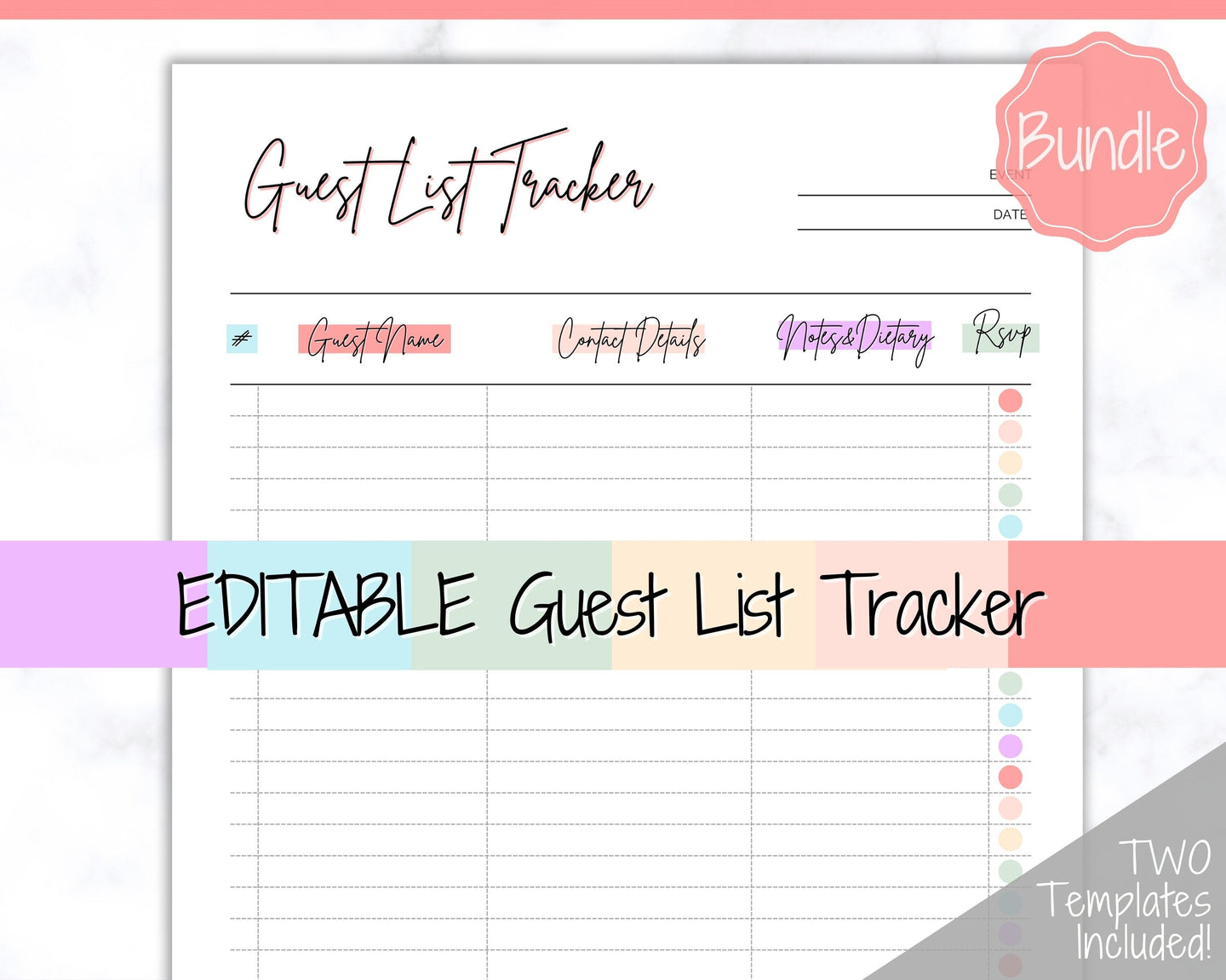 Guest List Tracker, Editable Guest List Template with RSVP, Party, Events, Birthday & Wedding Guest List, Wedding Planner Printable, Gifts | Style 2