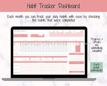 Load image into Gallery viewer, Habit Tracker Spreadsheet, Goal Planner, 2022 Goals Tracker, Mood, Habit Planner, Daily Weekly Monthly, Google Sheets, Goal Setting Template
