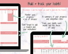 Load image into Gallery viewer, Habit Tracker Spreadsheet, Goal Planner, 2022 Goals Tracker, Mood, Habit Planner, Daily Weekly Monthly, Google Sheets, Goal Setting Template
