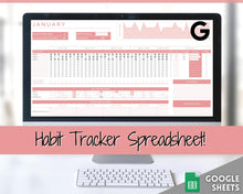 Load image into Gallery viewer, Habit Tracker Spreadsheet, Goal Planner, 2022 Goals Tracker, Mood, Habit Planner, Daily Weekly Monthly, Google Sheets, Goal Setting Template
