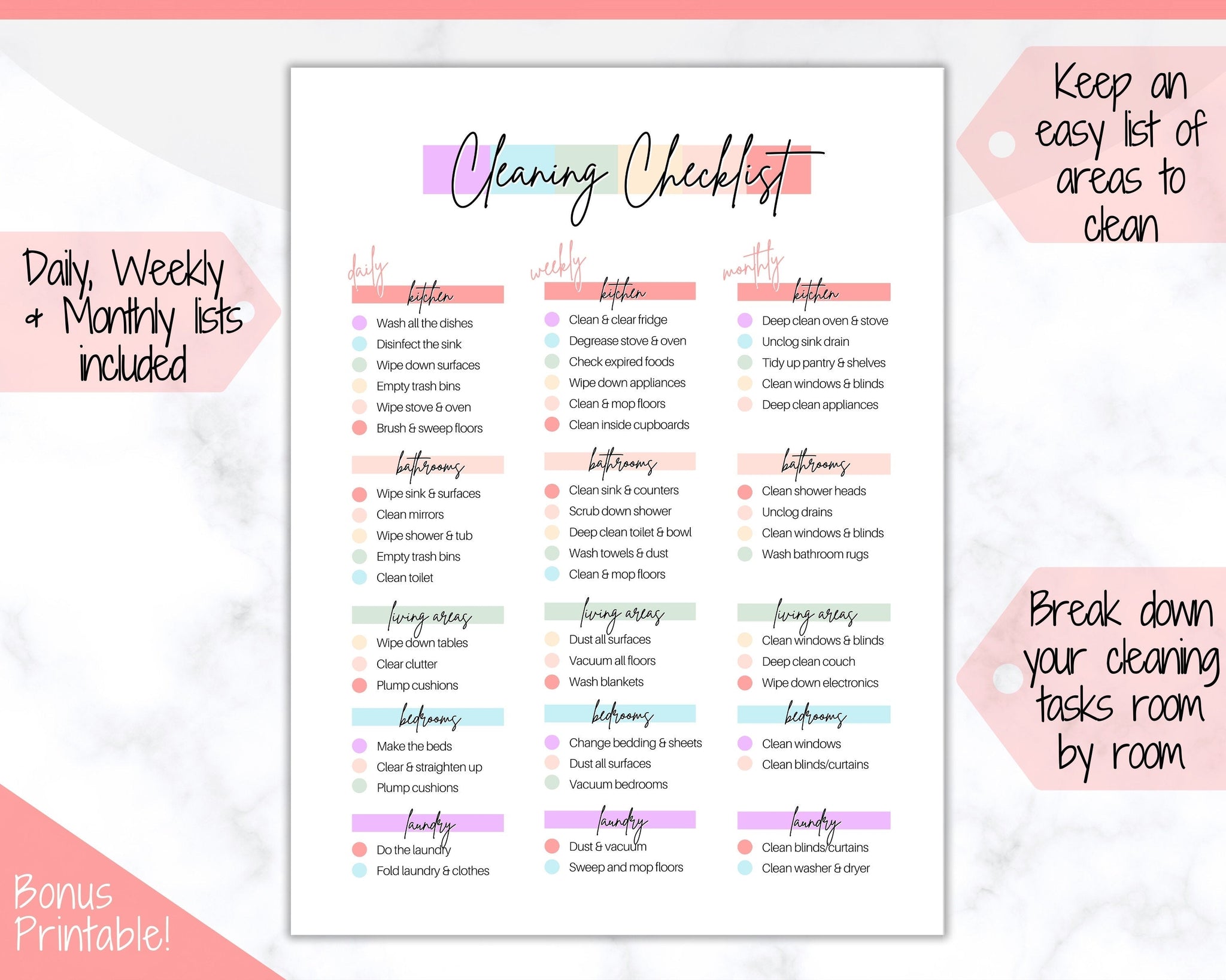 Home Cleaning Checklist, Cleaning Schedule Printable - Colorful