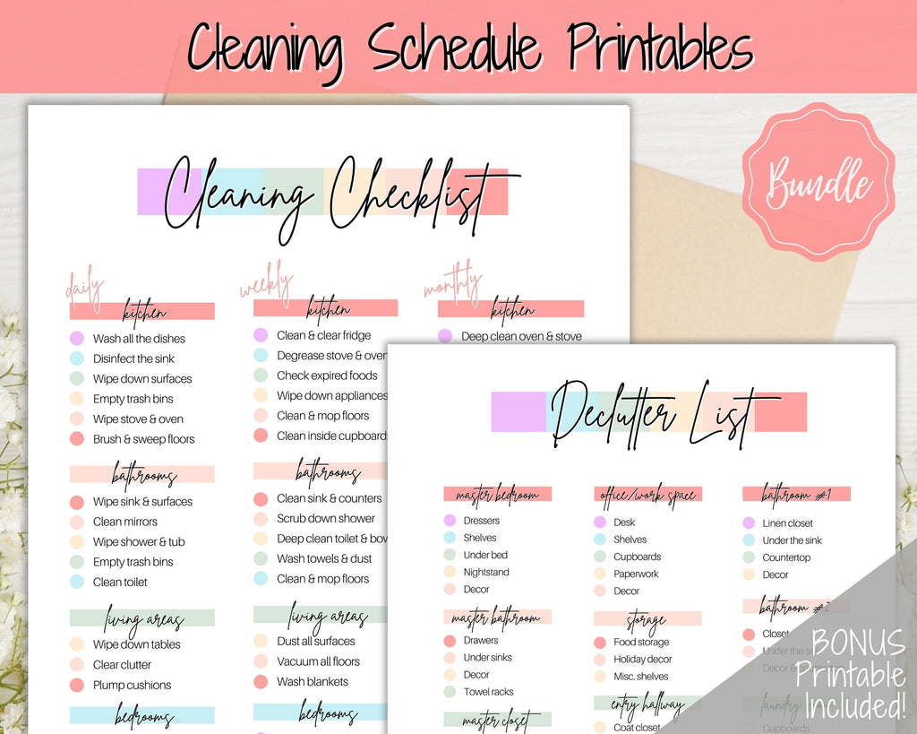 Home Cleaning Checklist, Cleaning Schedule Printable - Colorful