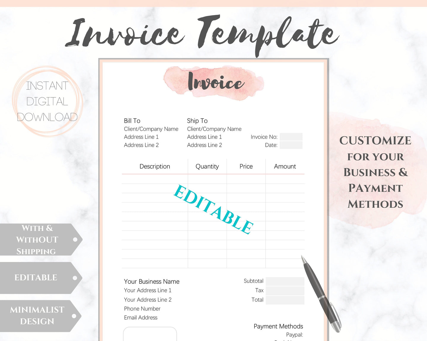 INVOICE TEMPLATE Order Form, EDITABLE Custom Receipt Template, Printable Customer Sales Order Invoice, Receipt Invoice Business form planner | Style 11