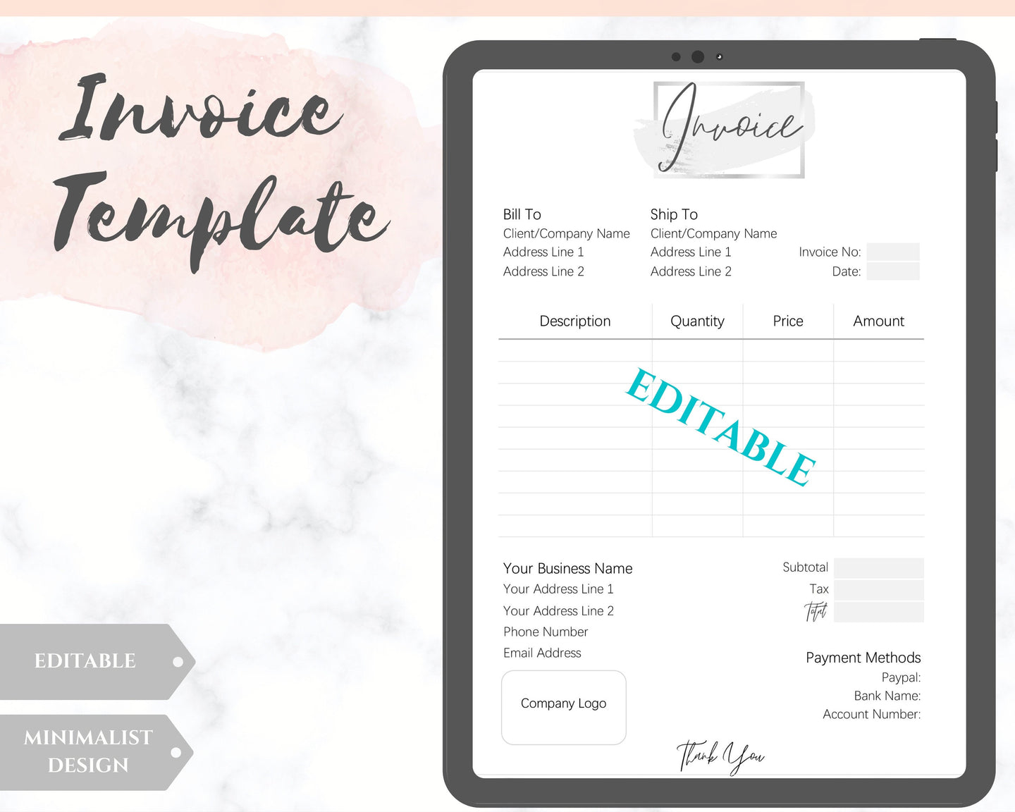 INVOICE TEMPLATE Order Form, EDITABLE Custom Receipt Template, Printable Customer Sales Order Invoice, Receipt Invoice Business form planner | Style 1