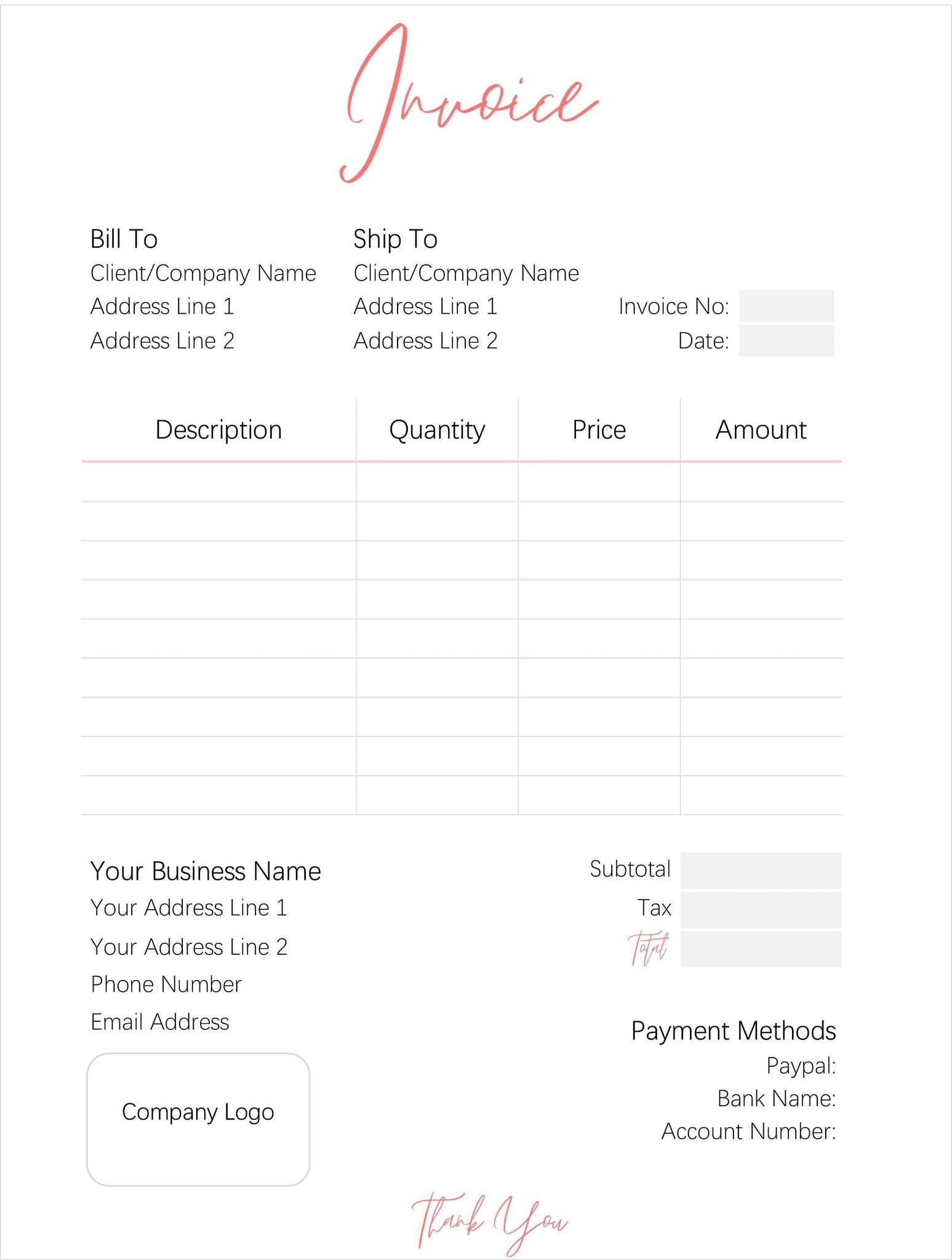 Customer Invoice Order Form Templates | Editable Printable Templates