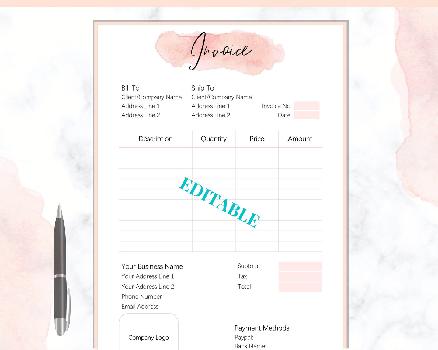 INVOICE TEMPLATE Order Form, EDITABLE Custom Receipt Template, Printable Customer Sales Order Invoice, Receipt Invoice Business form planner | Style 5