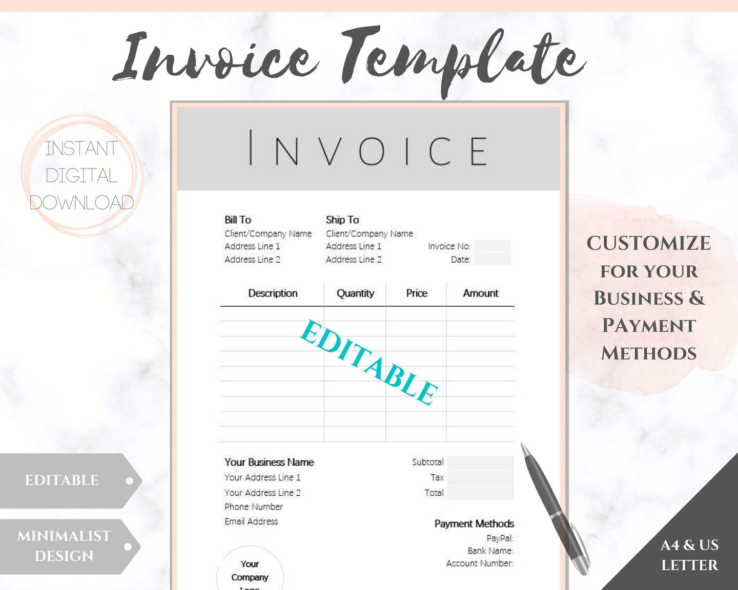 INVOICE TEMPLATE Order Form, EDITABLE Custom Receipt Template, Printable Customer Sales Order Invoice, Receipt Invoice Business form planner | Style 7