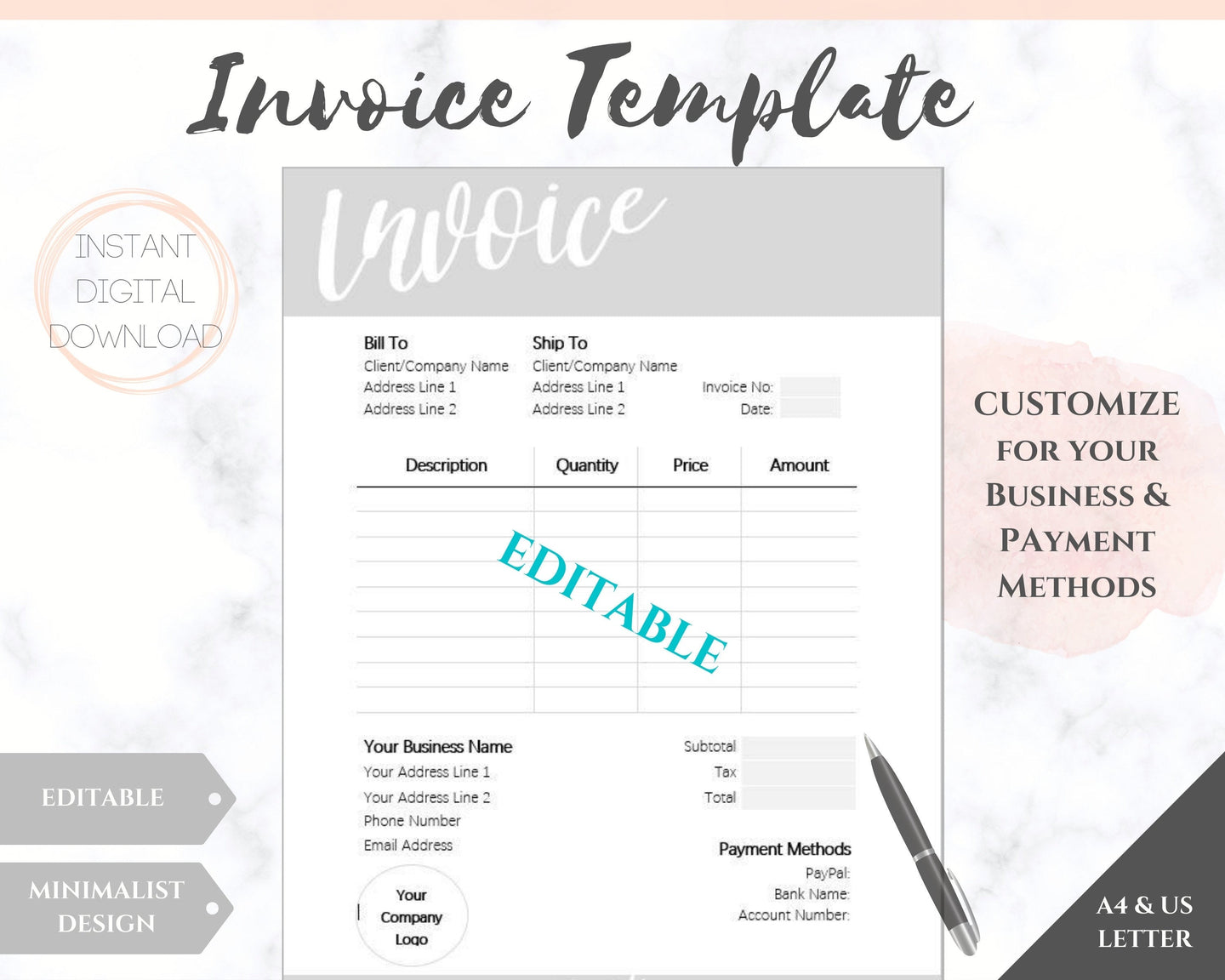 INVOICE TEMPLATE Order Form, EDITABLE Custom Receipt Template, Printable Customer Sales Order Invoice, Receipt Invoice Business form planner | Style 9