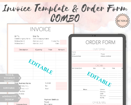 Editable Customer INVOICE Template & ORDER FORM Template | Bundle 4