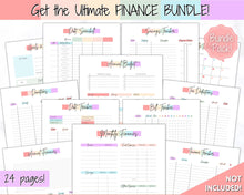 Load image into Gallery viewer, Income and Expenses Tracker BUNDLE with Savings &amp; Bill Tracker, Budget Planner Printable Templates, Bills, Spending, Personal Finance Planner Binder | Pastel Rainbow
