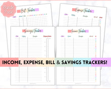 Load image into Gallery viewer, Income and Expenses Tracker BUNDLE with Savings &amp; Bill Tracker, Budget Planner Printable Templates, Bills, Spending, Personal Finance Planner Binder | Pastel Rainbow
