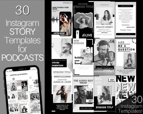 Instagram Story Templates. Podcast Instagram Stories, Canva Template Pack. Podcast Template, Podcasters Podcasting, Social Media Bundle Post | Mono