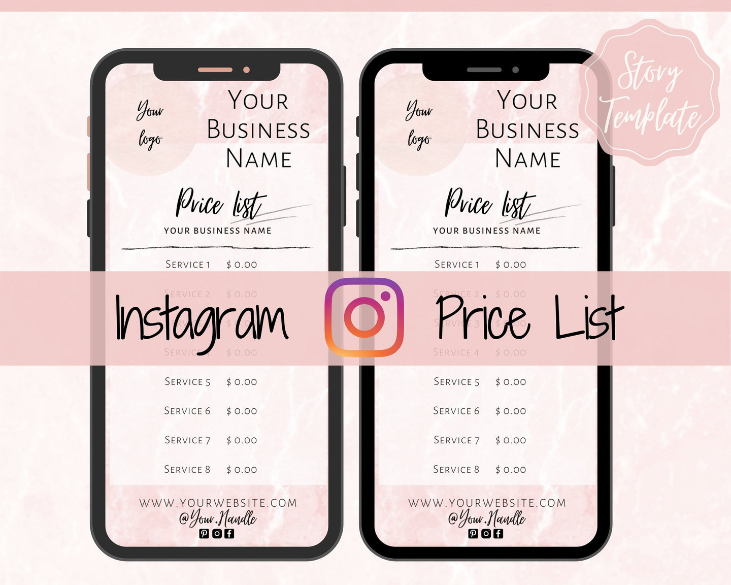Instagram Template PRICE LIST Instagram Story! Price List Template for your feed, IG Stories, Highlights. Instagram Marketing, Social Media | Pink Marble