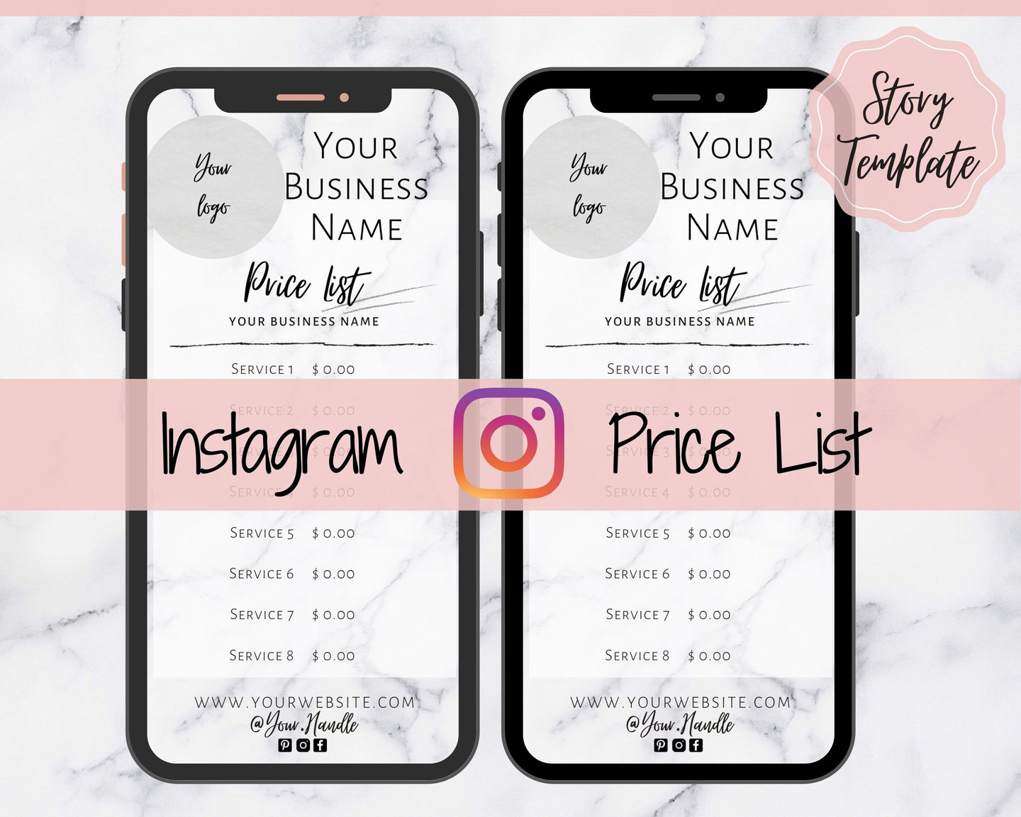 Instagram Template PRICE LIST Instagram Story! Price List Template for your feed, IG Stories, Highlights. Instagram Marketing, Social Media | White Marble