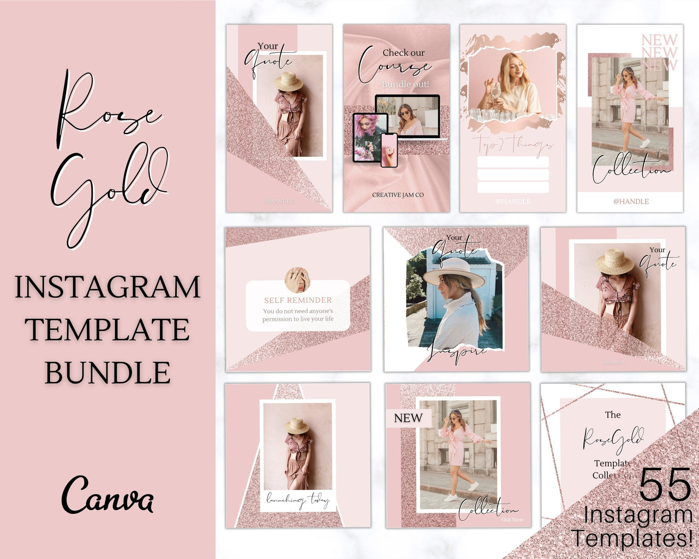 Instagram Templates BUNDLE, Rose Gold Instagram Post, Story, Frame, Blush Pink Notification Quotes, Engagement, Canva, Coaching