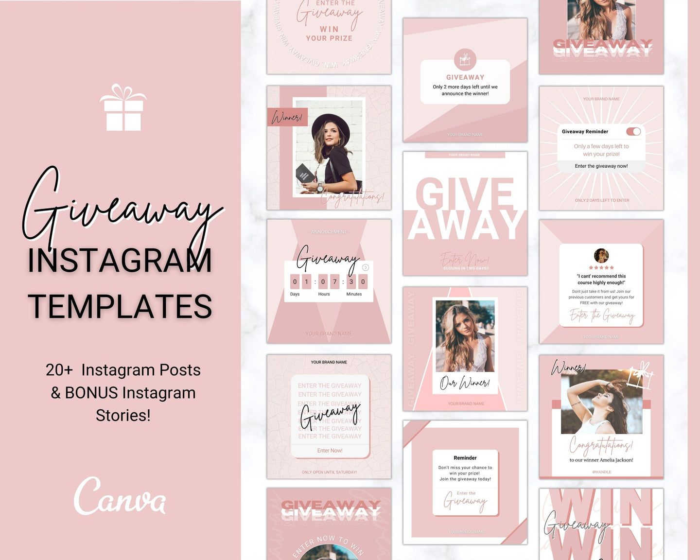 Instagram Theme - GIVEAWAY Post Templates! Social Media Engagement Booster, Small Business Feed, Instagram Frame, Canva, Coaching Marketing | Pink