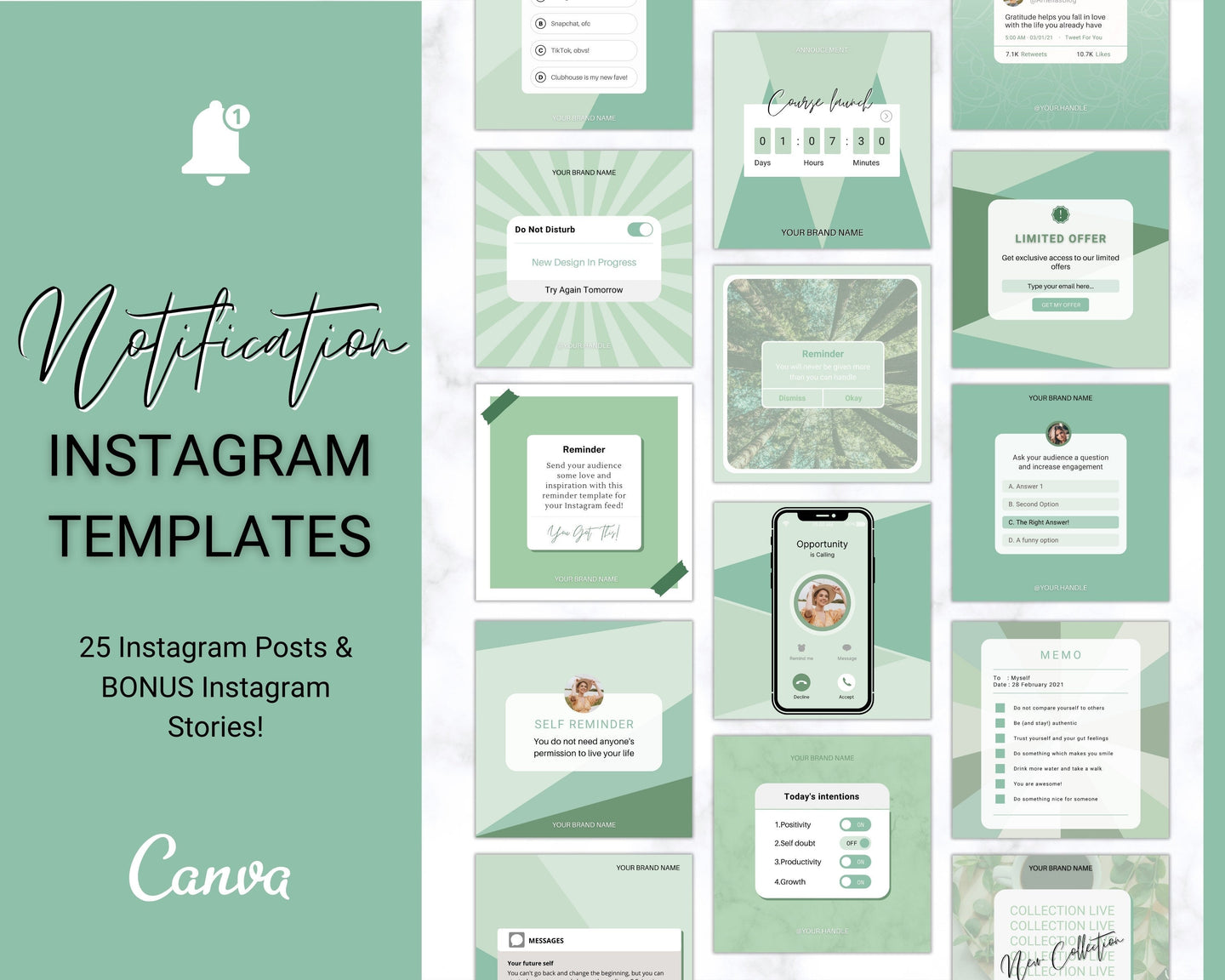 Instagram Theme - NOTIFICATION post Templates! Social Media Engagement Booster, Reminders Feed, Instagram Frame Quote, Canva Theme, Coaching | Green