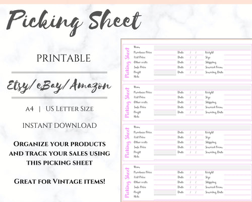 Inventory Picking Sheet for Poshmark, eBay, Etsy Amazon Sellers. Printable Template for small business and online stores Track vintage items