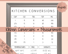 Load image into Gallery viewer, Kitchen Conversion Chart, Printable Kitchen Measurements Cheat Sheet! Cooking Substitutions, Temperature Food guide, Kitchen Décor, Weights | Minimalist
