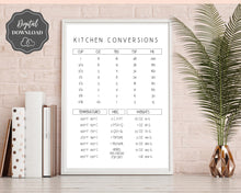 Load image into Gallery viewer, Kitchen Conversion Chart, Printable Kitchen Measurements Cheat Sheet! Cooking Substitutions, Temperature Food guide, Kitchen Décor, Weights | Minimalist
