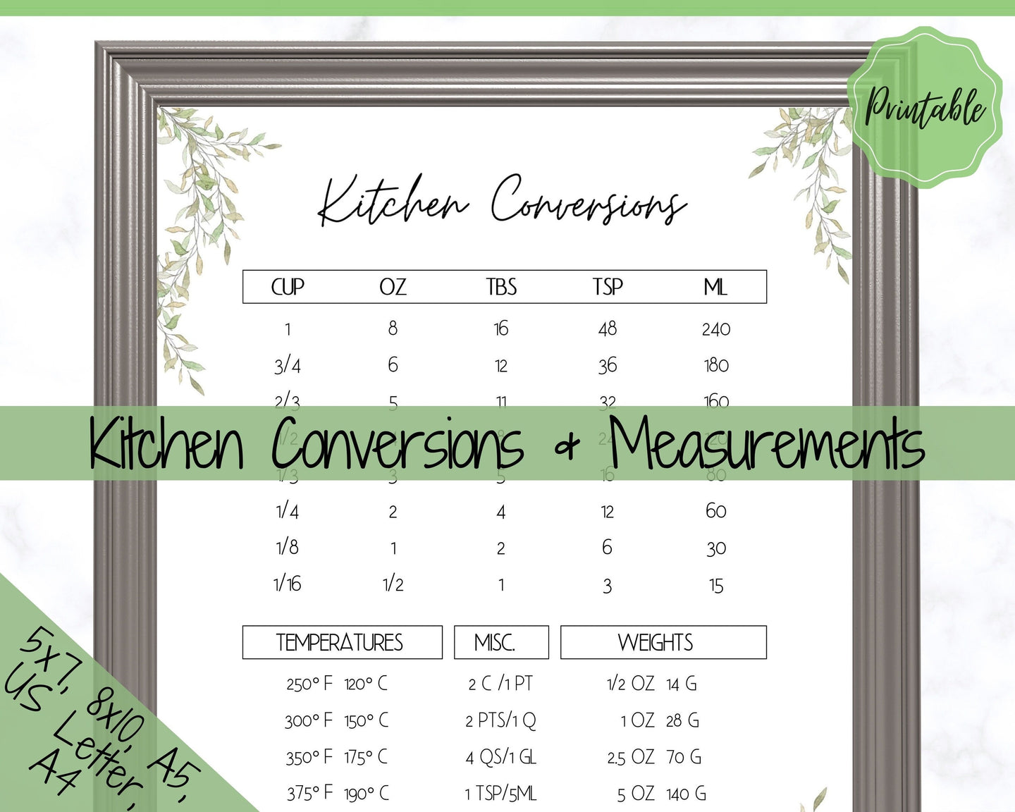 Kitchen Conversion Chart, Printable Kitchen Measurements Cheat Sheet! Green Plants. Cooking Substitutions, Temperature Food guide Wall Décor | Green