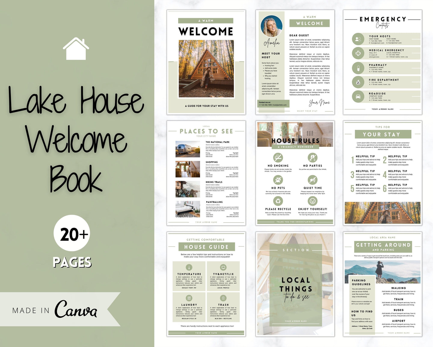 Lake House Welcome Book Template, Editable Canva Airbnb Welcome Guide, Air bnb House manual eBook, Host signs, Signage, VRBO Vacation Rental | Green