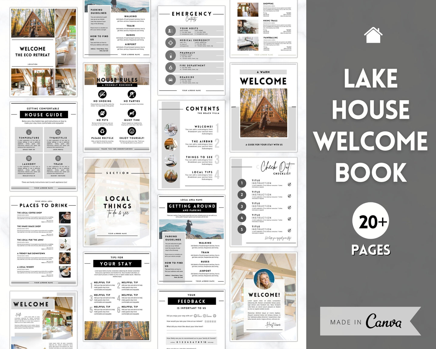 Lake House Welcome Book Template, Editable Canva Airbnb Welcome Guide, Air bnb House manual eBook, Host signs, Signage, VRBO Vacation Rental | Mono