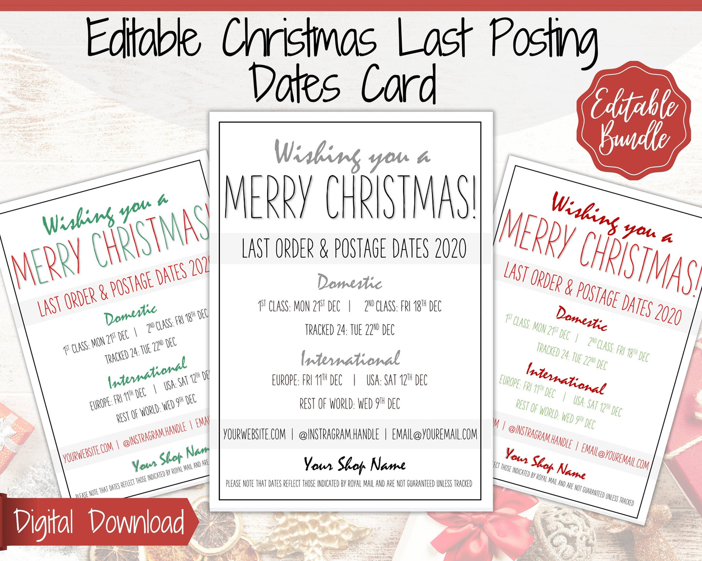 Last Posting Dates Christmas Packaging Care Card. Order in time! Domestic Shipping, International, Package, Last Orders, Xmas Gift, Holidays