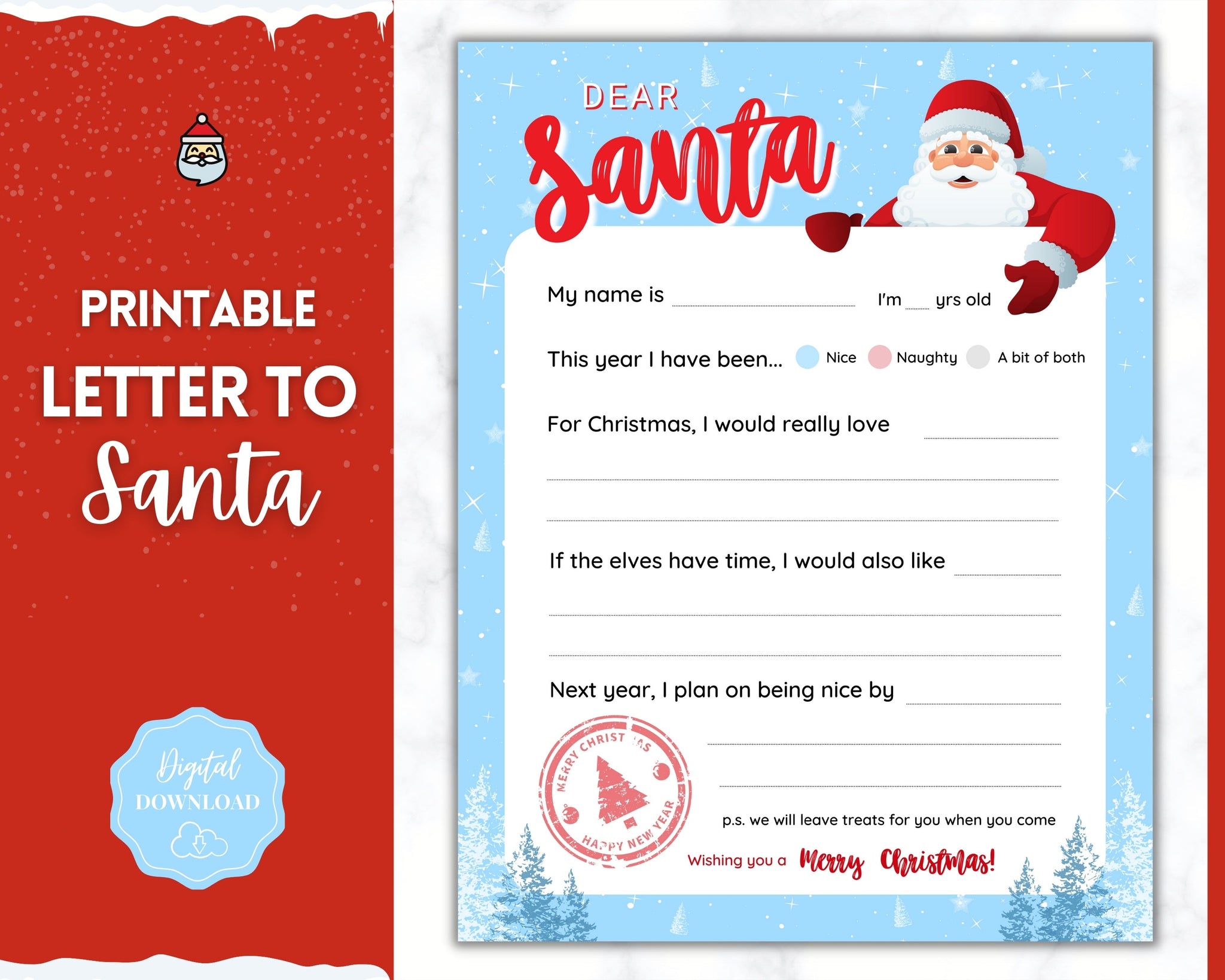 Letter to Santa Claus BLUE Kids Christmas Wish List Printable Father Christmas Letter Dear Santa Letter Holidays North Pole Mail Nice letter to santa claus christmas wish list printable | dear santa lette