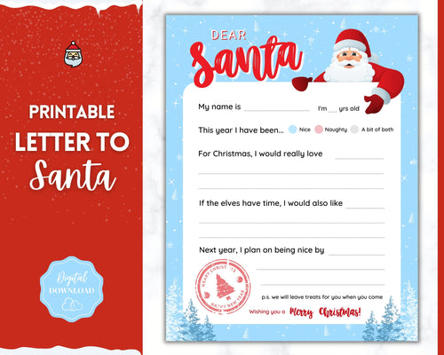 Letter to Santa Claus, BLUE Kids Christmas Wish List Printable, Father Christmas Letter, Dear Santa Letter, Holidays, North Pole Mail, Nice List