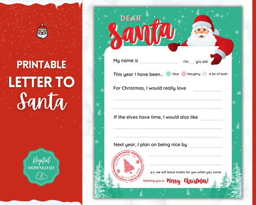 Letter to Santa Claus, GREEN Kids Christmas Wish List Printable, Father Christmas Letter, Dear Santa Letter, Holidays, North Pole Mail, Nice List