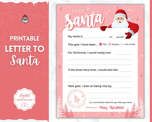 Letter to Santa Claus, PINK Kids Christmas Wish List Printable, Father Christmas Letter, Dear Santa Letter, Holidays, North Pole Mail, Nice List