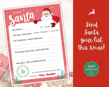 Load image into Gallery viewer, Letter to Santa Claus, RED Kids Christmas Wish List Printable, Father Christmas Letter, Dear Santa Letter, Holidays, North Pole Mail, Nice List
