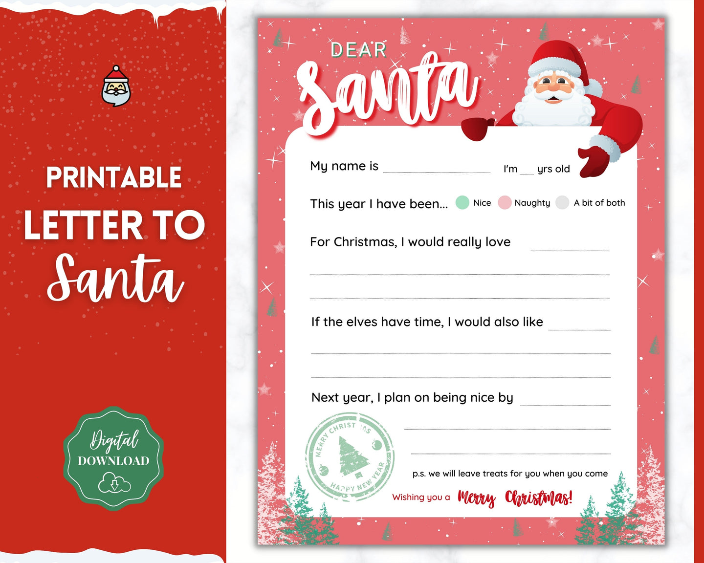 Letter to Santa Claus, RED Kids Christmas Wish List Printable, Father Christmas Letter, Dear Santa Letter, Holidays, North Pole Mail, Nice List