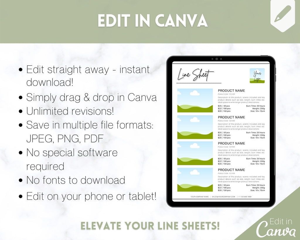 Editable Line Sheet Template Bundle | Pricing & Services Guide | Green