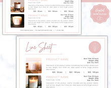 Load image into Gallery viewer, Line Sheet for Wholesale. Price List Template, Editable Candle Template Catalog, Seller shop, Product Sales Sheet, Canva Linesheet Catalogue | Pink Style 2
