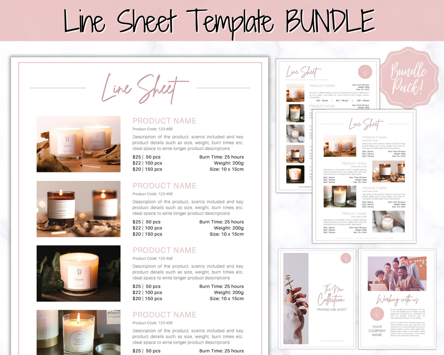 Line Sheet for Wholesale. Price List Template, Editable Candle Template Catalog, Seller shop, Product Sales Sheet, Canva Linesheet Catalogue | Pink Style 2