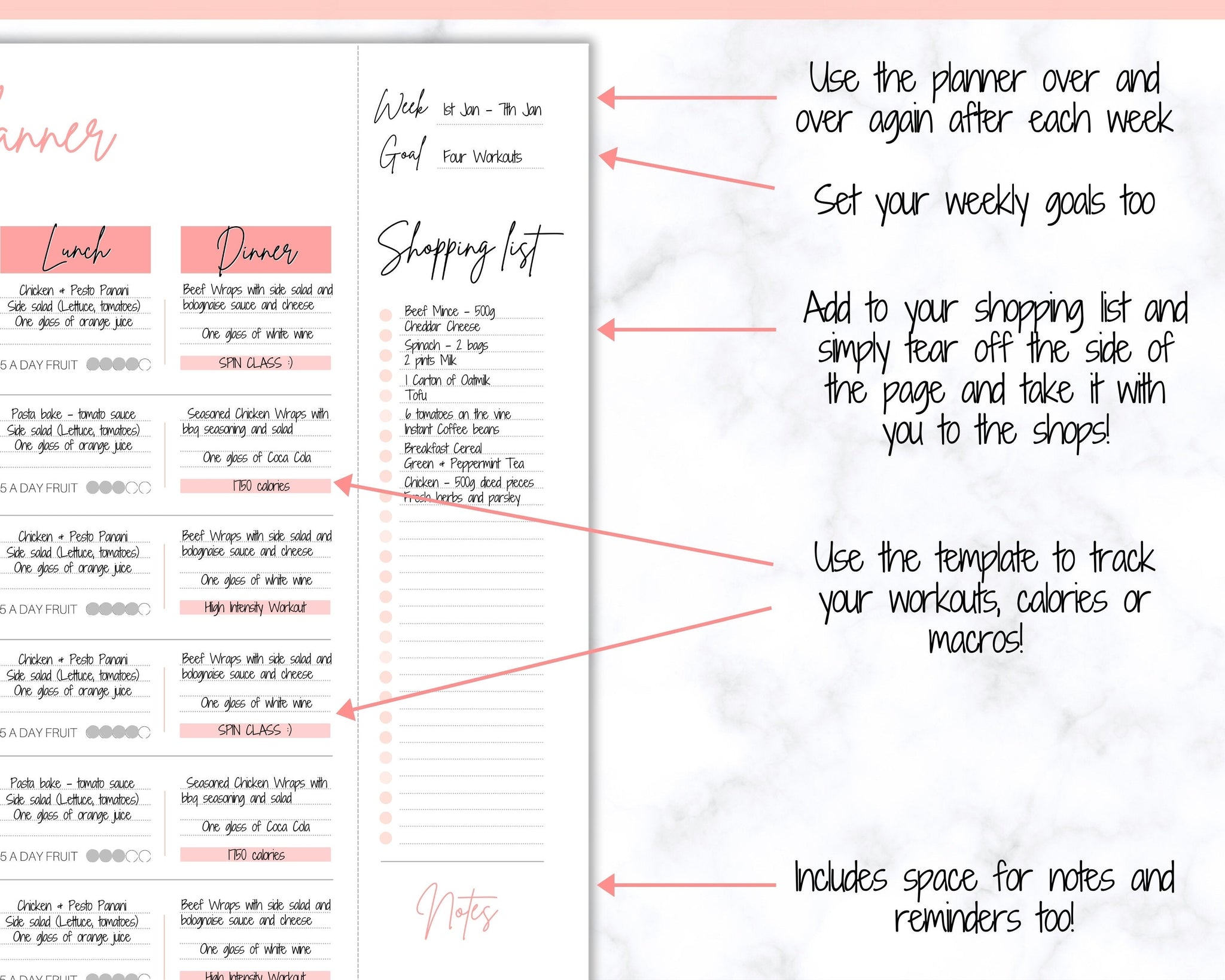Meal Planner, Food Diary, Fitness Planner with Grocery List