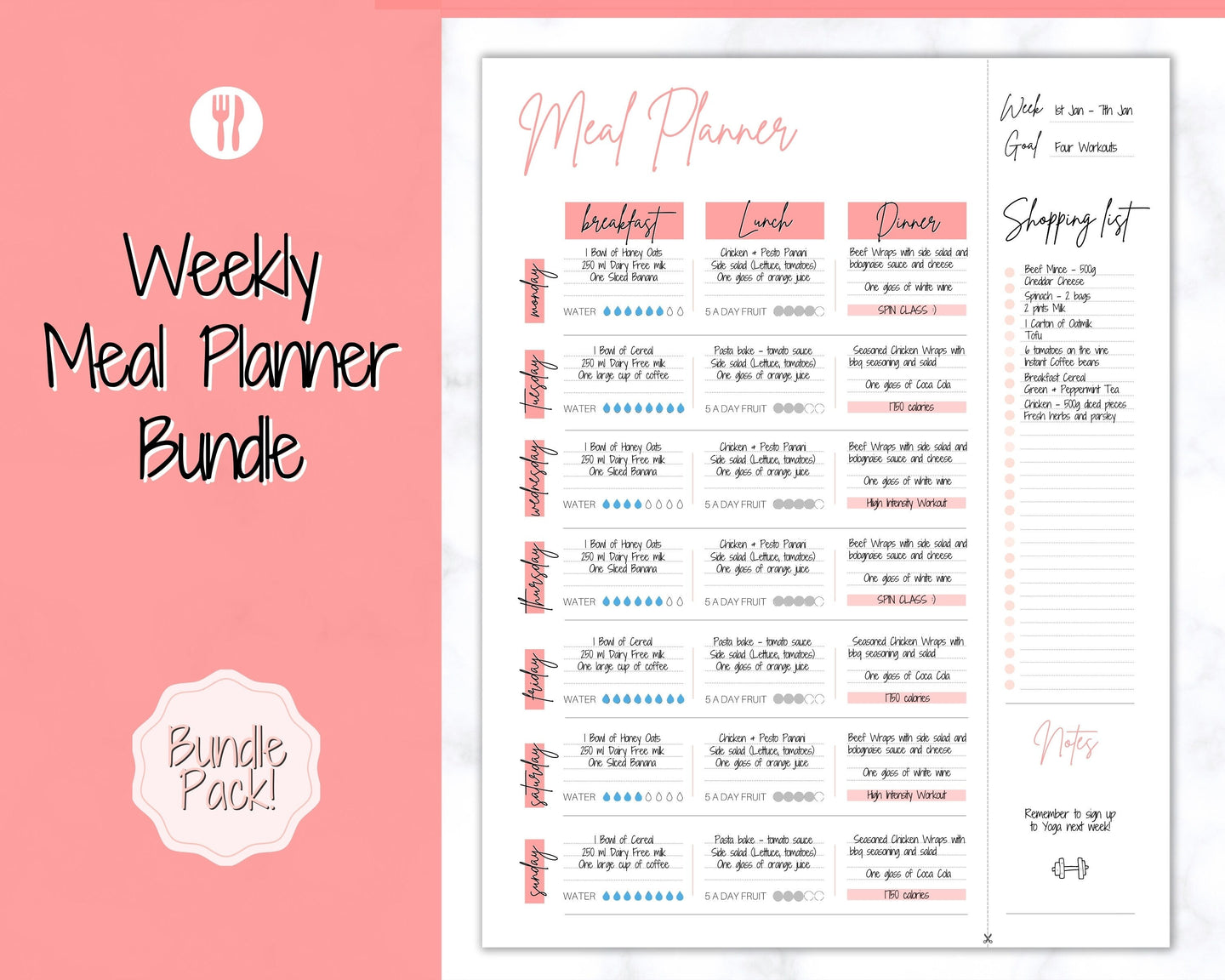 MEAL PLANNER Printable, Weekly Food Diary, Meal Tracker, Food Journal, Menu Plan & Prep, Grocery List! Diet, Fitness, Health | Pink Colorful