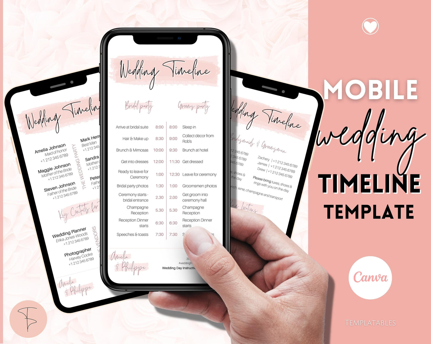 MOBILE Wedding Day Timeline Template, EDITABLE order of events, Wedding Timeline, Wedding Schedule, Wedding Day Timeline, wedding itinerary program | Pink Handwritten