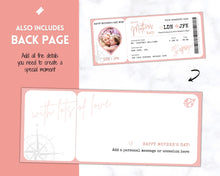Load image into Gallery viewer, MOTHERS DAY Boarding Pass Template, EDITABLE Boarding Ticket for Mom, Surprise Vacation, Plane Ticket, Airline, Trip, Flight Gift, Holiday Destination, Fake, Last Minute DIY Gift for Mum
