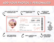Load image into Gallery viewer, MOTHERS DAY Boarding Pass Template, EDITABLE Boarding Ticket for Mom, Surprise Vacation, Plane Ticket, Airline, Trip, Flight Gift, Holiday Destination, Fake, Last Minute DIY Gift for Mum
