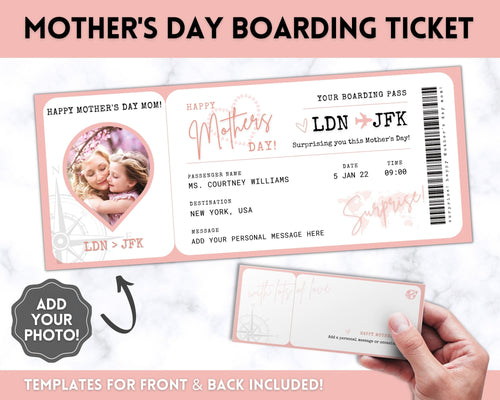MOTHERS DAY Boarding Pass Template, EDITABLE Boarding Ticket for Mom, Surprise Vacation, Plane Ticket, Airline, Trip, Flight Gift, Holiday Destination, Fake, Last Minute DIY Gift for Mum
