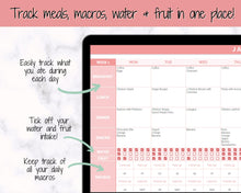 Load image into Gallery viewer, Macro Meal Planner Spreadsheet, Weekly Meal Plan Template, Meal Prep, Digital Meal Tracker, Monthly Food Diary, Printable, Grocery, Diet
