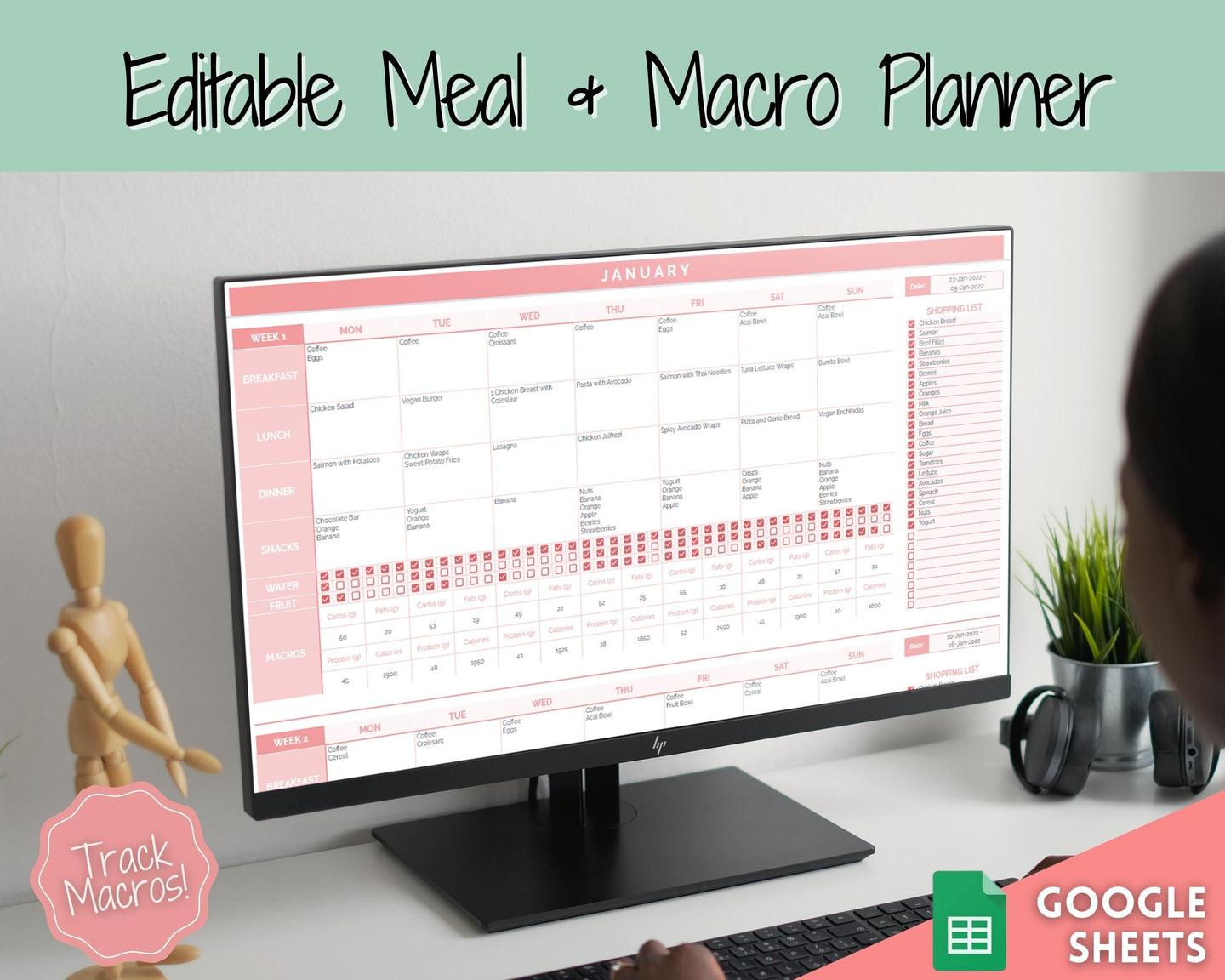 Macro Meal Planner Spreadsheet, Weekly Meal Plan Template, Meal Prep, Digital Meal Tracker, Monthly Food Diary, Printable, Grocery, Diet